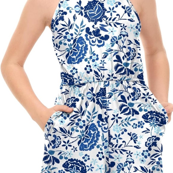 Girls Summer Floral Halter Neck Sleeveless Jumpsuit with Side Pockets (061) - Picture 1 of 4